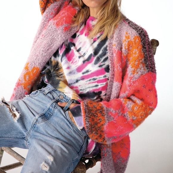 Free People NWT S Gather Me Close Cardigan neon pink purple - Picture 2 of 7